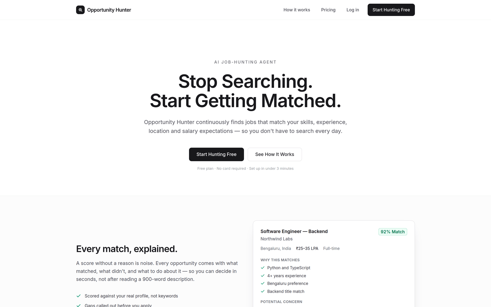 Opportunity Hunter landing page: Stop Searching. Start Getting Matched, above a 92% match card for a backend role