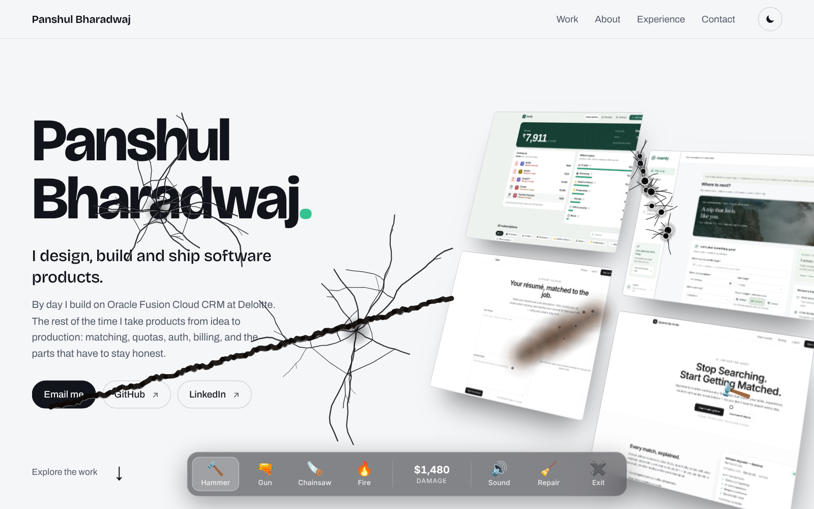 A portfolio page after a Page Destroyer session: glass cracks across the name, a chainsaw cut through the intro, bullet holes and a scorch mark, with the weapon toolbar at the bottom