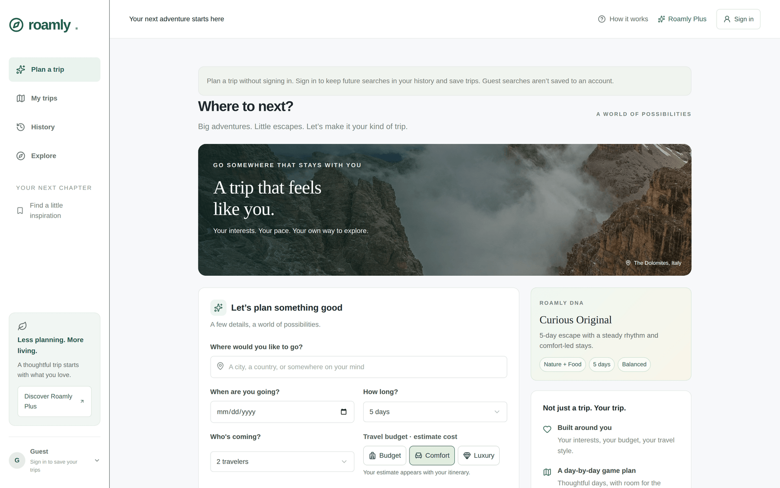 Roamly trip planner: Where to next, with a Dolomites photo above the trip form